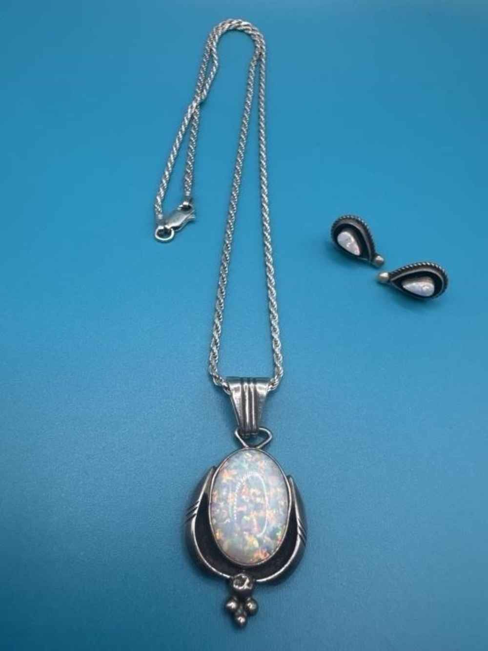 RB Sterling Silver Navajo Opal Pendant Necklace Earrings Set 18” 12.58g